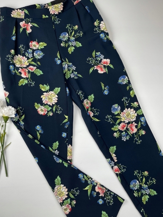 Dalia Pants - Dalia Navy Floral Print Pants with Pink and Green Blooms